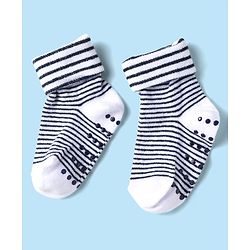 Cute Walk by Babyhug Knit Antibacterial Ankle Length Anti Skid Socks With Stripes Pack Of 3 - Black & White