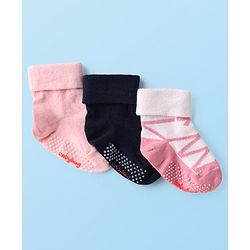 Cute Walk by Babyhug Knit Ankle Length Anti Bacterial Anti Skid Socks with Nautical Design Pack of 3 - Black Pink & White