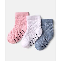 Cute Walk by Babyhug  Knit Ankle Length Anti Bacterial Anti Skid Socks with Design Pack of 3 - Pink White & Light Blue