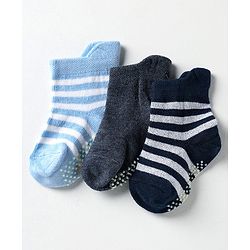 Cute Walk by Babyhug Knit Antibacterial Ankle Length Anti Skid Socks With Stripes Pack Of 3 - Black & Light Blue