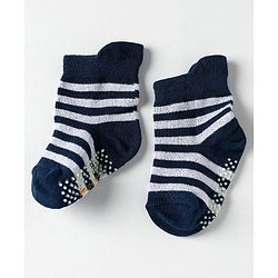 Cute Walk by Babyhug Knit Antibacterial Ankle Length Anti Skid Socks With Stripes Pack Of 3 - Black & Light Blue