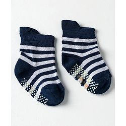 Cute Walk by Babyhug Knit Antibacterial Ankle Length Anti Skid Socks With Stripes Pack Of 3 - Black & Light Blue