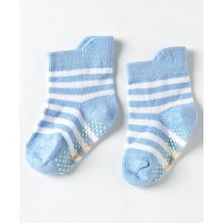 Cute Walk by Babyhug Knit Antibacterial Ankle Length Anti Skid Socks With Stripes Pack Of 3 - Black & Light Blue