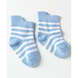 Cute Walk by Babyhug Knit Antibacterial Ankle Length Anti Skid Socks With Stripes Pack Of 3 - Black & Light Blue
