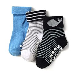 Cute Walk by Babyhug Knit Antibacterial Ankle Length Anti Skid Socks With Stripes Pack Of 3 - Black Light Blue & Grey