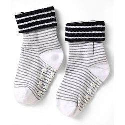 Cute Walk by Babyhug Knit Antibacterial Ankle Length Anti Skid Socks With Stripes Pack Of 3 - Black Light Blue & Grey