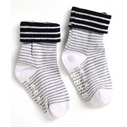 Cute Walk by Babyhug Knit Antibacterial Ankle Length Anti Skid Socks With Stripes Pack Of 3 - Black Light Blue & Grey