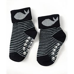 Cute Walk by Babyhug Knit Antibacterial Ankle Length Anti Skid Socks With Stripes Pack Of 3 - Black Light Blue & Grey