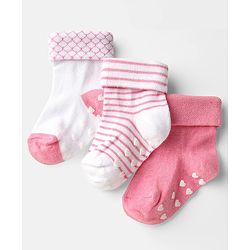 Cute Walk by Babyhug Ankle Length Anti Bacterial Anti Skid Socks with Stripes Pack of 3 - Pink & White