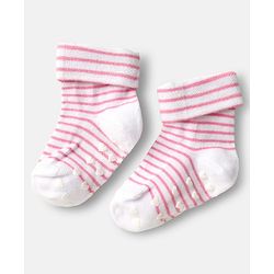 Cute Walk by Babyhug Ankle Length Anti Bacterial Anti Skid Socks with Stripes Pack of 3 - Pink & White