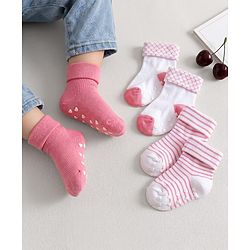 Cute Walk by Babyhug Ankle Length Anti Bacterial Anti Skid Socks with Stripes Pack of 3 - Pink & White