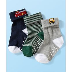 Cute Walk by Babyhug Knit Ankle Length Anti Bacterial Anti Skid Socks with Stripes & Vehicle Design Pack of 3 - Grey Dark Green & Black