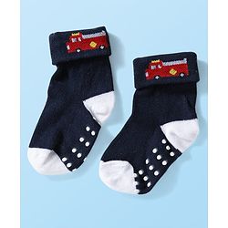 Cute Walk by Babyhug Knit Ankle Length Anti Bacterial Anti Skid Socks with Stripes & Vehicle Design Pack of 3 - Grey Dark Green & Black
