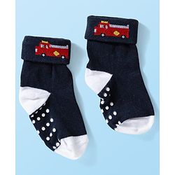 Cute Walk by Babyhug Knit Ankle Length Anti Bacterial Anti Skid Socks with Stripes & Vehicle Design Pack of 3 - Grey Dark Green & Black