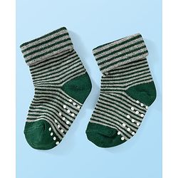 Cute Walk by Babyhug Knit Ankle Length Anti Bacterial Anti Skid Socks with Stripes & Vehicle Design Pack of 3 - Grey Dark Green & Black