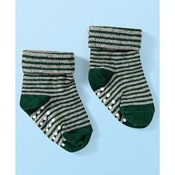 Cute Walk by Babyhug Knit Ankle Length Anti Bacterial Anti Skid Socks with Stripes & Vehicle Design Pack of 3 - Grey Dark Green & Black