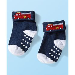 Cute Walk by Babyhug Knit Ankle Length Anti Bacterial Anti Skid Socks with Stripes & Vehicle Design Pack of 3 - Grey Dark Green & Black