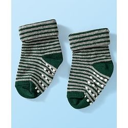 Cute Walk by Babyhug Knit Ankle Length Anti Bacterial Anti Skid Socks with Stripes & Vehicle Design Pack of 3 - Grey Dark Green & Black