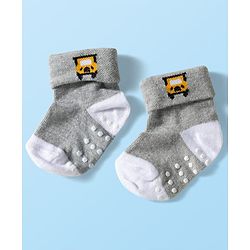 Cute Walk by Babyhug Knit Ankle Length Anti Bacterial Anti Skid Socks with Stripes & Vehicle Design Pack of 3 - Grey Dark Green & Black