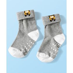 Cute Walk by Babyhug Knit Ankle Length Anti Bacterial Anti Skid Socks with Stripes & Vehicle Design Pack of 3 - Grey Dark Green & Black