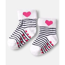 Cute Walk by Babyhug Ankle Length Anti Bacterial Anti Skid Socks with Heart Deign & Stripes Pack of 3 - Grey & White