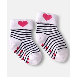 Cute Walk by Babyhug Ankle Length Anti Bacterial Anti Skid Socks with Heart Deign & Stripes Pack of 3 - Grey & White