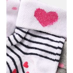 Cute Walk by Babyhug Ankle Length Anti Bacterial Anti Skid Socks with Heart Deign & Stripes Pack of 3 - Grey & White