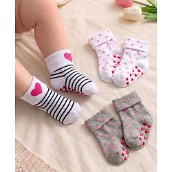 Cute Walk by Babyhug Ankle Length Anti Bacterial Anti Skid Socks with Heart Deign & Stripes Pack of 3 - Grey & White