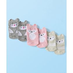 Cute Walk by Babyhug Knit Ankle Length Anti Bacterial Anti Skid Socks with Animal Design Pack of 3 - Grey Pink & Cream