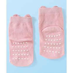 Cute Walk by Babyhug Knit Ankle Length Anti Bacterial Anti Skid Socks with Animal Design Pack of 3 - Grey Pink & Cream