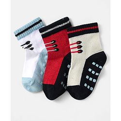 Cute Walk by Babyhug Knit Antibacterial Ankle Length Anti Skid Socks With Shoes Design Pack Of 3 - Red White & Cream
