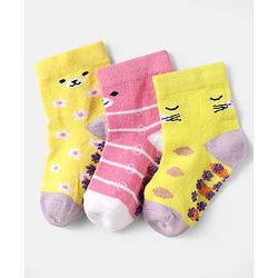 Cute Walk by Babyhug Knit Ankle Length Anti Skid Socks With Stripes & Floral Design Pack Of 3 - Yellow & Pink
