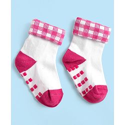 Cute Walk by Babyhug Knit Antibacterial Ankle Length Anti Skid Socks With Polka Dots & Tropical Theme Design Pack Of 3 - White & Red