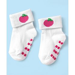 Cute Walk by Babyhug Knit Antibacterial Ankle Length Anti Skid Socks With Polka Dots & Tropical Theme Design Pack Of 3 - White & Red