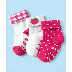 Cute Walk by Babyhug Knit Antibacterial Ankle Length Anti Skid Socks With Polka Dots & Tropical Theme Design Pack Of 3 - White & Red