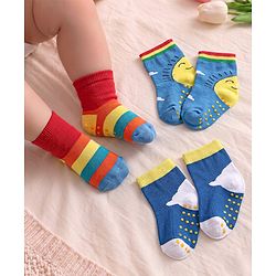 Cute Walk by Babyhug Knit Antibacterial Ankle Length Anti Skid Socks With Sun Design Pack Of 3 - Red Blue & Light Blue