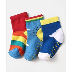Cute Walk by Babyhug Knit Antibacterial Ankle Length Anti Skid Socks With Sun Design Pack Of 3 - Red Blue & Light Blue