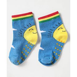 Cute Walk by Babyhug Knit Antibacterial Ankle Length Anti Skid Socks With Sun Design Pack Of 3 - Red Blue & Light Blue