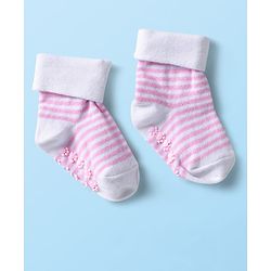 Cutewalk by Babyhug Ankle Length Anti-Bacterial Anti Skid Socks with Stripes & Heart Design Pack of 3 - Pink & White