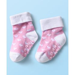 Cutewalk by Babyhug Ankle Length Anti-Bacterial Anti Skid Socks with Stripes & Heart Design Pack of 3 - Pink & White