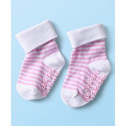 Cutewalk by Babyhug Ankle Length Anti-Bacterial Anti Skid Socks with Stripes & Heart Design Pack of 3 - Pink & White