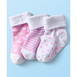 Cutewalk by Babyhug Ankle Length Anti-Bacterial Anti Skid Socks with Stripes & Heart Design Pack of 3 - Pink & White