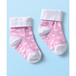 Cutewalk by Babyhug Ankle Length Anti-Bacterial Anti Skid Socks with Stripes & Heart Design Pack of 3 - Pink & White