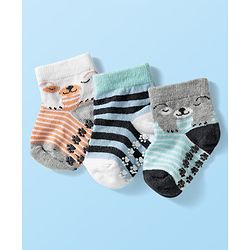 Cute Walk by Babyhug Knit Ankle Length Anti Bacterial Anti Skid Socks with Animal Design Pack of 3 - Grey Light Blue & Cream