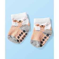 Cute Walk by Babyhug Knit Ankle Length Anti Bacterial Anti Skid Socks with Animal Design Pack of 3 - Grey Light Blue & Cream