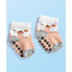 Cute Walk by Babyhug Knit Ankle Length Anti Bacterial Anti Skid Socks with Animal Design Pack of 3 - Grey Light Blue & Cream