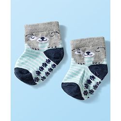 Cute Walk by Babyhug Knit Ankle Length Anti Bacterial Anti Skid Socks with Animal Design Pack of 3 - Grey Light Blue & Cream