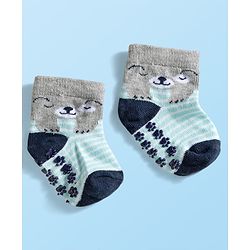 Cute Walk by Babyhug Knit Ankle Length Anti Bacterial Anti Skid Socks with Animal Design Pack of 3 - Grey Light Blue & Cream