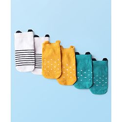 Cute Walk by Babyhug Knit Ankle Length Anti Bacterial Anti Skid Socks with Polka Dot Design & Stripes Pack of 3 - Yellow Mint & White