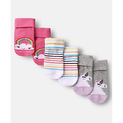 Cute Walk by Babyhug Ankle Length Anti Bacterial Anti Skid Striped Socks with Rainbow & Unicorn Design Pack of 3 - Pink Grey & White
